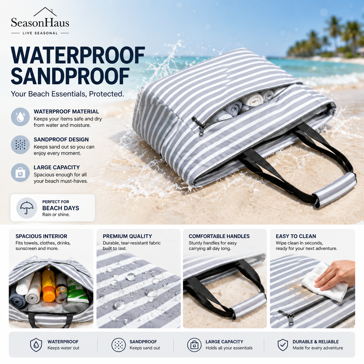 SeasonHaus Waterproof Beach Tote